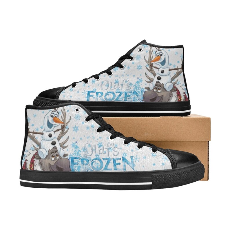May include: Black high-top canvas shoes with a white background featuring Olaf and Sven from Frozen. The shoes have a blue and white snowflake pattern and the text "Olaf's Frozen" on the side.