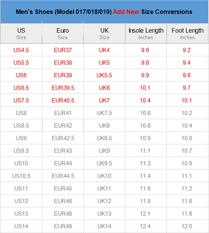 May include: A chart showing men's shoe size conversions in US, UK, and Euro sizes. The chart also includes insole length and foot length measurements in inches.