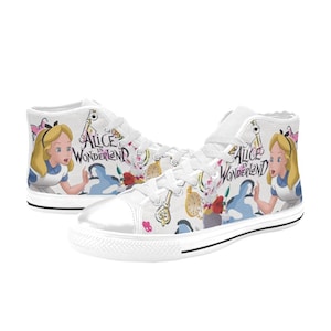 May include: White high-top canvas shoes with a colorful print featuring Alice in Wonderland characters and the text "Alice in Wonderland".