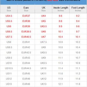 May include: A chart showing men's shoe size conversions in US, UK, and Euro sizes. The chart also includes insole length and foot length measurements in inches.