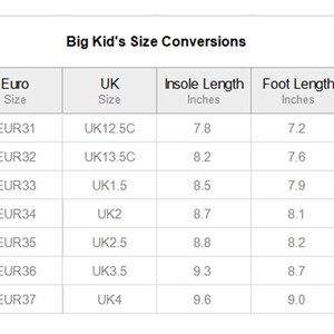 May include: A chart showing big kid's shoe size conversions in US, Euro, and UK sizes. The chart also includes insole length, foot length, and foot width measurements in inches.