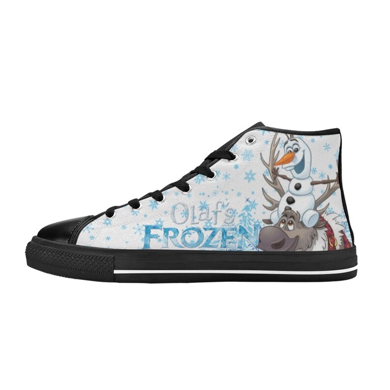 May include: White high-top canvas shoes with a black sole. The shoes feature a blue and white snowflake pattern with the text "Olaf's Frozen" and a cartoon image of Olaf the snowman riding on Sven the reindeer.