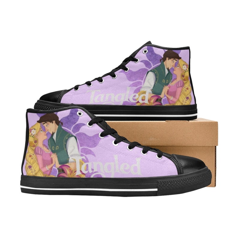 May include: Purple high-top canvas shoes with a black sole. The shoes feature a graphic of Rapunzel and Flynn Rider from the movie Tangled. The text "Tangled" is printed on the side of the shoes.