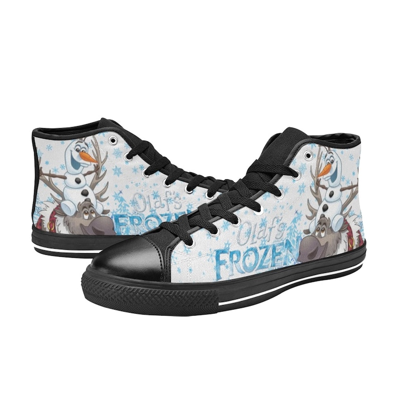 May include: Black high-top canvas shoes with a white background featuring Olaf from Frozen riding Sven the reindeer. The shoes have blue snowflakes and the text "Olaf's Frozen" on them.
