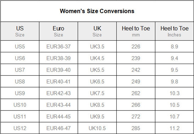 May include: A chart showing women's shoe size conversions between US, Euro, and UK sizes. The chart also includes heel-to-toe measurements in millimeters and inches.