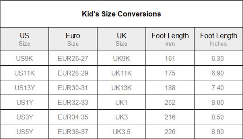 May include: A chart showing kid's shoe size conversions in US, Euro, and UK sizes. The chart also includes foot length measurements in millimeters and inches.