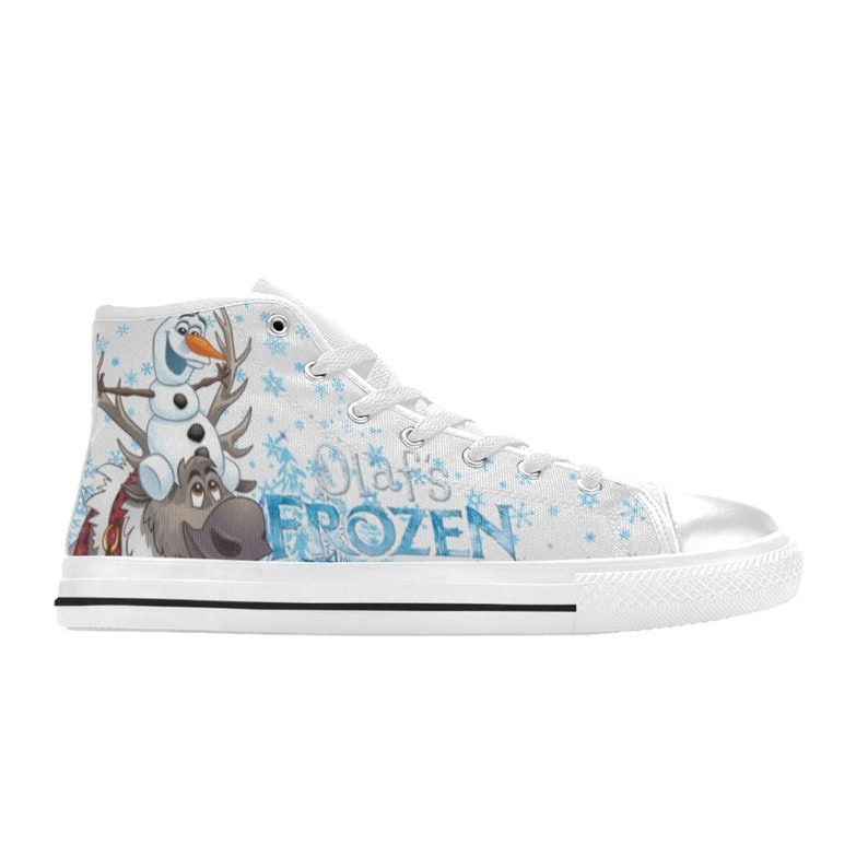 May include: White high-top canvas shoes with a blue and white design featuring Olaf from Frozen. The design includes Olaf riding on Sven the reindeer with snowflakes in the background. The text "Olaf's Frozen" is printed on the shoe.