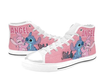 Stitch and Angel Inspired High Top Canvas Shoes Custom Both for Men and Women, Idea for Birthday, Wedding, Girlfriend, Boyfriend Gifts