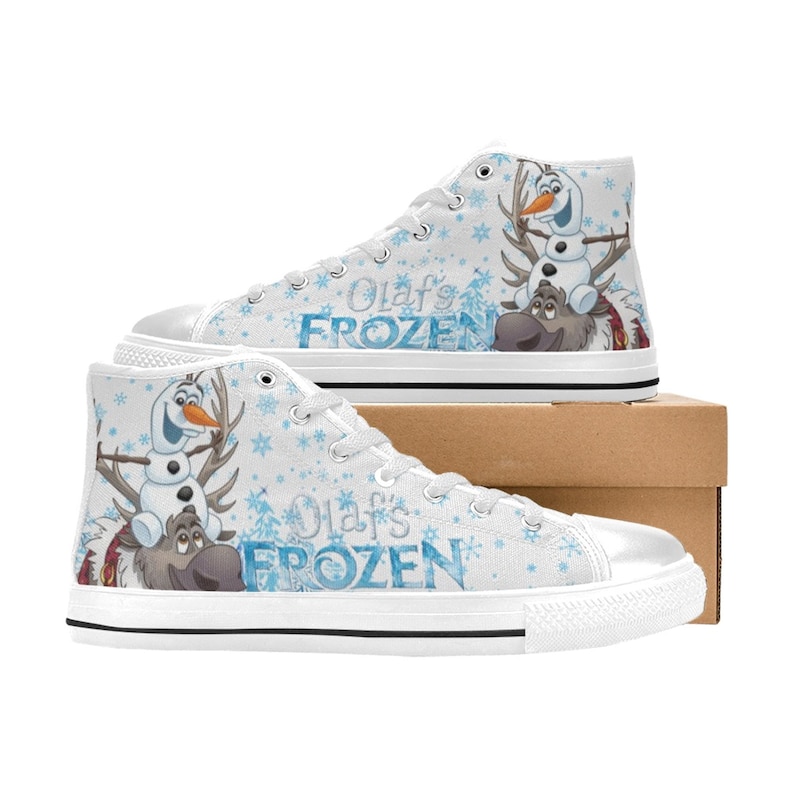 May include: White high-top canvas shoes with a snowflake pattern and a graphic of Olaf from Frozen riding Sven the reindeer. The shoes say "Olaf's Frozen" on the side.