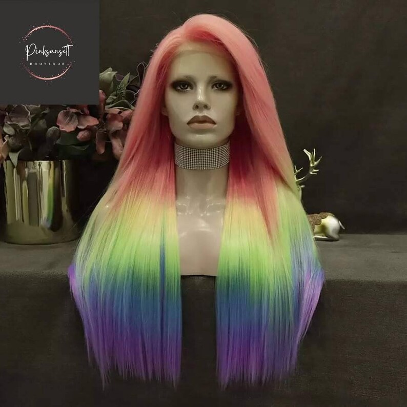 Rainbow Synthetic Lace Front Wig Long Straight Multicolor Wigs Etsy