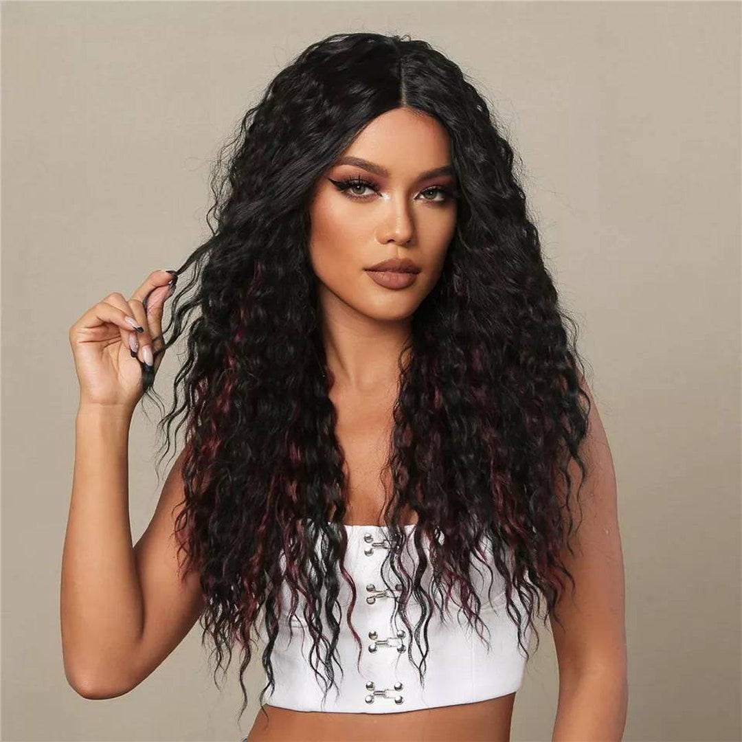 Long Curly Black Wig With Red Highlights Synthetic Lace Front - Etsy Long Curly Black Wig With Red Highlights Synthetic Lace Front - Etsy