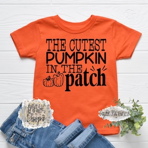 May include: Orange t-shirt with black text that reads "The Cutest Pumpkin in the Patch" with three small pumpkins below the text.