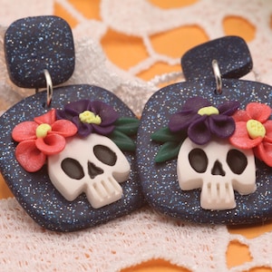 Skull with flowers midnight blue polymer clay earrings, glitter handmade clay earrings, lightweight clay jewelry