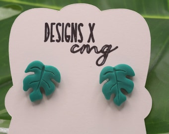 Handmade monstera leaf studs, polymer clay earrings, clay plant leaf stud earrings, gift for gardener jewelry
