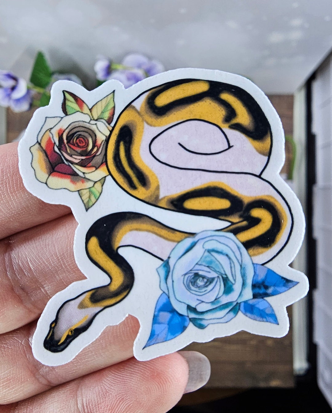 Piebald Ball Python Sticker, Cute Snake Sticker With Roses, Handmade ...