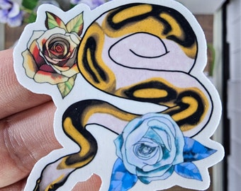Piebald Ball Python Sticker, cute snake sticker with roses, handmade waterproof decal, great for tumblers and bumpers