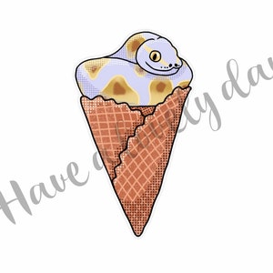 Może przedstawiać: Kreskówkowa ilustracja węża w waflowym rożku, z tekstem "Have a sunny day" napisanym kursywą.