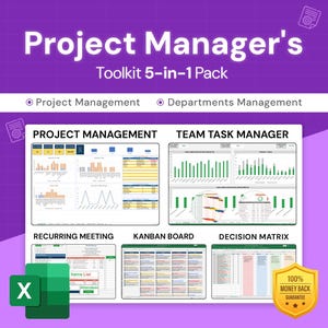Puede incluir: Una descarga digital colorida para gerentes de proyectos. La imagen muestra cinco hojas de cálculo de Excel diferentes: Gestión de proyectos, Administrador de tareas del equipo, Reunión recurrente, Tablero Kanban y Matriz de decisión. El texto "Project Manager's Toolkit 5-in-1 Pack" está en la parte superior de la imagen.