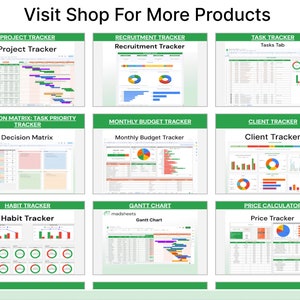 Op de afbeelding: Negen kleurrijke Google Sheets-sjablonen voor het bijhouden van projecten, werving, taken, beslissingen, budgetten, klanten, gewoonten, Gantt-diagrammen en prijzen. Elke sjabloon heeft een groene kop met een titel en een spreadsheet met grafieken en diagrammen.