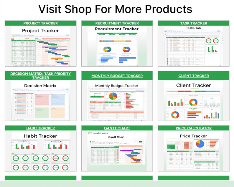 Op de afbeelding: Negen kleurrijke Google Sheets-sjablonen voor het bijhouden van projecten, werving, taken, beslissingen, budgetten, klanten, gewoonten, Gantt-diagrammen en prijzen. Elke sjabloon heeft een groene kop met een titel en een spreadsheet met grafieken en diagrammen.