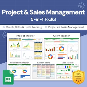 Op de afbeelding: Een kleurrijke Google Sheets-sjabloon voor project- en verkoopbeheer. De sjabloon bevat trackers voor projecten, klanten, werving, verkoop en een Kanban-bord. De sjabloon is gelabeld "5-in-1 Toolkit" en bevat een 100% geld-teruggarantie.