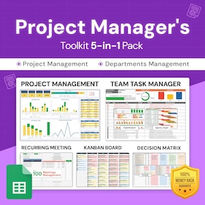 May include: A Google Sheets template for project managers. The template includes five sections: Project Management, Team Task Manager, Recurring Meeting, Kanban Board, and Decision Matrix. The template is designed to help project managers organize and manage their projects.