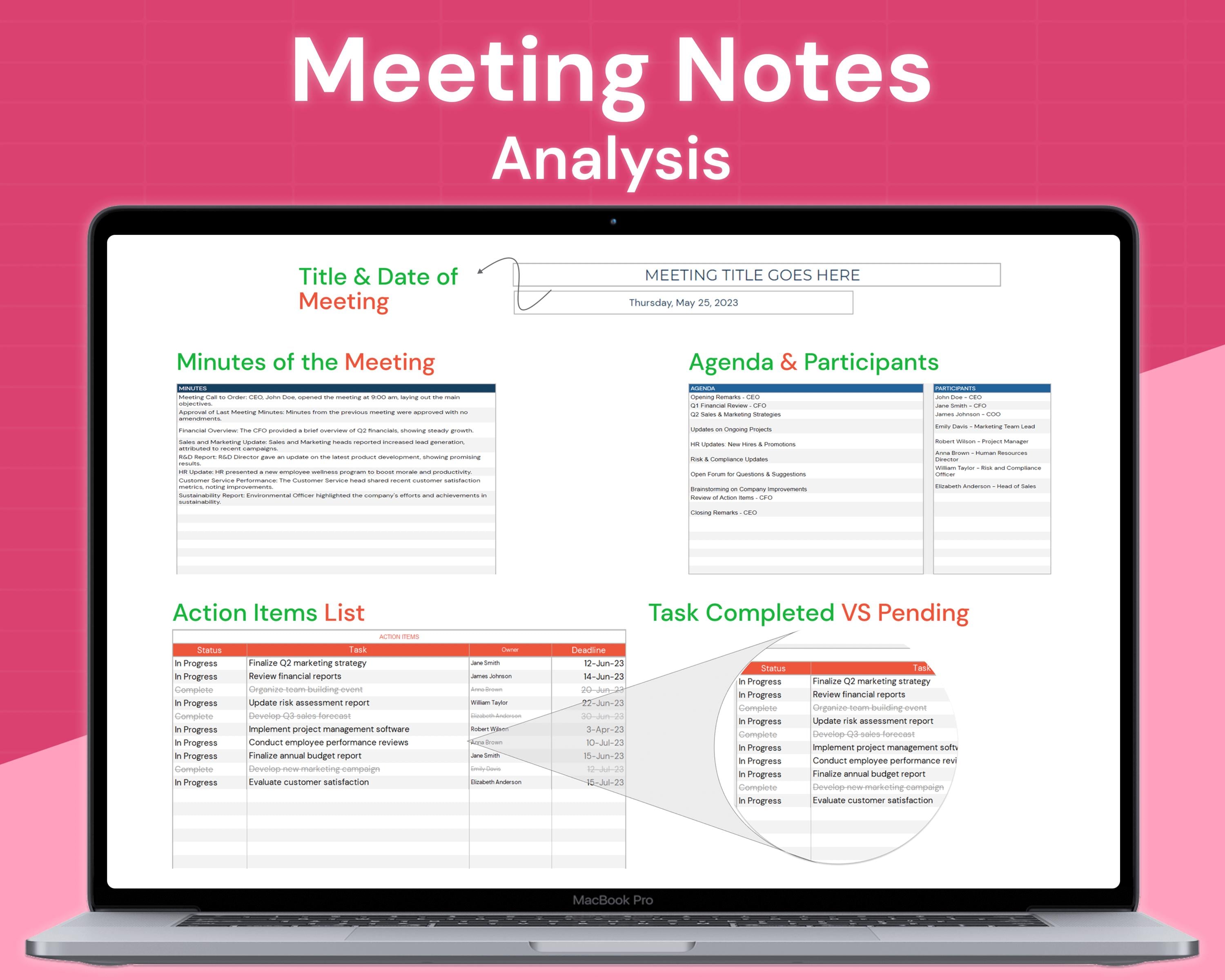 Meeting Notes Excel Template | Agenda | Minutes | Action List - Etsy