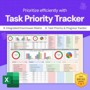 Puede incluir: Una plantilla de hoja de cálculo colorida para un rastreador de prioridad de tareas. La plantilla incluye una matriz de prioridad de tareas, un rastreador de progreso de tareas y una sección de desglose de tareas. La plantilla está diseñada para ayudar a los usuarios a priorizar sus tareas y realizar un seguimiento de su progreso.