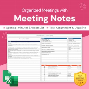 May include: A spreadsheet template for organizing meetings with a pink and white background. The template includes sections for agenda, minutes, action list, task assignment, and deadline. The text "Meeting Title Goes Here" is at the top of the spreadsheet. The spreadsheet is labeled with the date "Thursday, May 25, 2023".