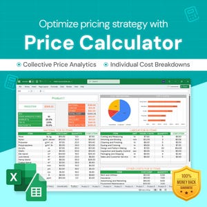 May include: A screenshot of a spreadsheet program with a green interface. The spreadsheet is titled "Price Calculator" and includes a section for "Material for 10 Items" with a list of items, unit, cost per unit, quantity, and cost per item. There is also a section for "Labor for 10 Items" with a list of tasks, unit, hourly rate, quantity, and cost per item. The spreadsheet also includes a section for "Other Costs for 10 Items" with a list of costs, cost per unit, and quantity. The spreadsheet includes a pie chart and a bar graph. The spreadsheet is part of a larger program that includes a dashboard and settings. The spreadsheet is designed to help businesses calculate the cost of their products and services.