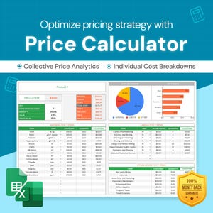 May include: A green spreadsheet with a price calculator for a product. The spreadsheet includes a price item, material cost, labor cost, and other costs. The spreadsheet also includes a pie chart showing the breakdown of costs and a bar chart showing the cost of each item. The spreadsheet is titled "Price Calculator" and includes the text "100% Money Back Guarantee".