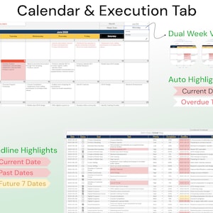 Op de afbeelding: Een kalender en een spreadsheet met de titel "Calendar & Execution Tab" en "John's Grind Map". De kalender toont een tweew wekenweergave met een juni 2023-kalender en een tweew wekenweergave. De spreadsheet toont een lijst met taken met deadlines, prioriteit, voltooiingsstatus en notities. De spreadsheet heeft de titel "Confluence Roadmap".