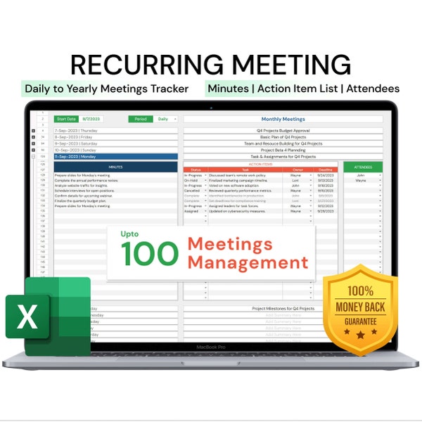 Recurring Meeting Template | Agenda | Minutes | Action List | Excel Template