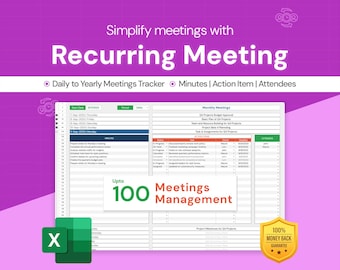 May include: A spreadsheet template for managing recurring meetings. The template is designed to track daily to yearly meetings, including minutes, action items, and attendees. The template is labeled "Recurring Meeting" and "Upto 100 Meetings Management".