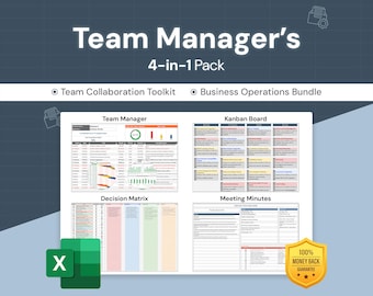 May include: A digital download of a 4-in-1 team manager's toolkit for collaboration and business operations. The toolkit includes a team manager, kanban board, decision matrix, and meeting minutes templates. The templates are in an Excel spreadsheet format.