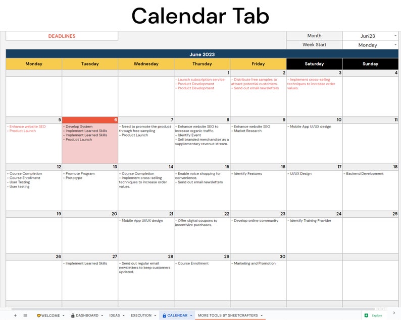 Op de afbeelding: Een kalendertabblad voor juni 2023 met dagelijkse taken en deadlines voor een e-commercebedrijf. De kalender is verdeeld in dagen van de week, waarbij elke dag een lijst met taken heeft. De taken omvatten dingen als "Verbeter website SEO", "Ontwikkel systeem", "Implementeer geleerde vaardigheden", "Promoot programma", "Voltooi cursus", "Maak spraakgestuurd winkelen mogelijk", "Identificeer functies", "Mobiele app UI/UX-ontwerp", "Backend-ontwikkeling", "Ontwikkel online community", "Identificeer trainingsaanbieder", "Cursusinschrijving", "Marketing en promotie" en "Verstuur regelmatig e-mailnieuwsbrieven om klanten op de hoogte te houden".
