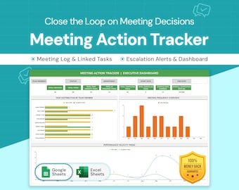 Meeting Action Tracker | Task Follow-Up, Escalation Levels & Dashboard | Google Sheets Template