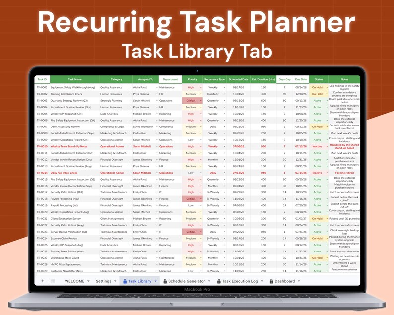 Recurring Task Planner | Due Dates, Escalation Flags & Dashboard ...