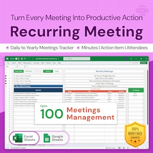 May include: A digital spreadsheet interface with the text "Recurring Meeting" and "Meetings Management." The interface includes options for Excel and Google Sheets, and a "100% Money Back Guarantee" badge. The background is purple.