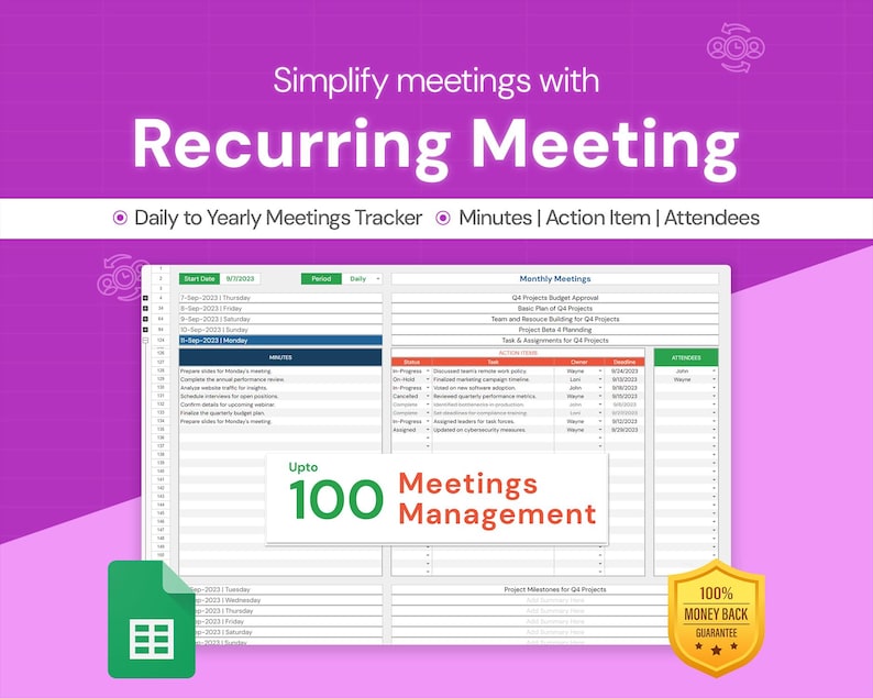 Recurring Meeting Template | Agenda | Minutes | Action List | Google ...