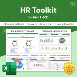 Może przedstawiać: Kolorowy, cyfrowy zestaw narzędzi HR z pięcioma różnymi sekcjami: Śledzenie rekrutacji, Śledzenie informacji o pracownikach, Śledzenie obecności i urlopów, Spotkanie powtarzalne i Zarządzanie zadaniami pracowników. Zestaw narzędzi został zaprojektowany, aby pomóc firmom w bardziej efektywnym zarządzaniu zasobami ludzkimi.