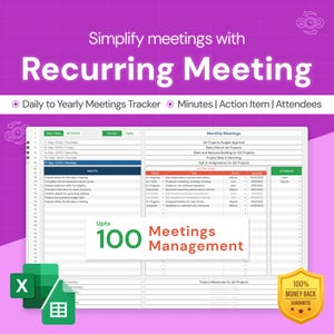 Könnte beinhalten: Eine digitale Tabelle mit dem Text "Wiederkehrendes Meeting" und "Vereinfachen Sie Meetings mit". Die Tabelle enthält Abschnitte zur Verfolgung von Meetings, Aktionspunkten und Teilnehmern. Das Bild zeigt auch den Text "Bis zu 100 Meeting-Management."