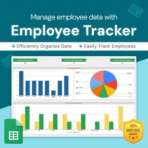 Könnte beinhalten: Ein Screenshot eines Computerbildschirms, der eine Tabellenkalkulation mit Diagrammen und Grafiken zeigt. Die Tabellenkalkulation trägt den Titel "Employee Tracker" und zeigt Daten über Mitarbeiter, einschließlich ihrer Abteilung, ihrer Berufsbezeichnung und ihrer Beschäftigungsart. Die Tabellenkalkulation enthält auch eine 100%ige Geld-zurück-Garantie.