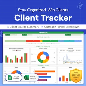 May include: A digital dashboard titled "Client Tracker" with data visualizations. The dashboard includes charts and graphs for client source summary, outreach funnel breakdown, and client summary. The image also features the text "Stay Organized, Win Clients."