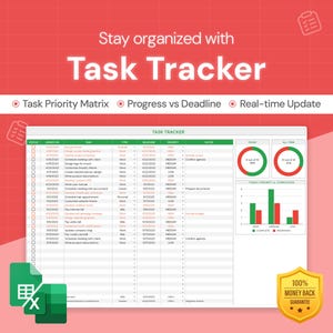 Może przedstawiać: Zielono-biały arkusz kalkulacyjny z tytułem "Task Tracker" i tekstem "Zachowaj porządek z Task Tracker" u góry. Arkusz kalkulacyjny zawiera kolumny dla opisu zadania, terminu, priorytetu, notatek i postępu. Są też dwa wykresy pokazujące postęp w stosunku do terminu i całkowity postęp. Arkusz kalkulacyjny został zaprojektowany, aby pomóc użytkownikom w śledzeniu i zarządzaniu zadaniami.