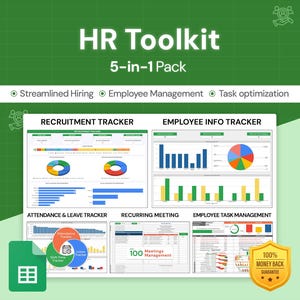 May include: A colorful infographic showing five different HR toolkit spreadsheets for recruitment, employee information, attendance and leave, recurring meetings, and employee task management. The text "HR Toolkit 5-in-1 Pack" is at the top of the image. The text "100% Money Back Guarantee" is at the bottom of the image.