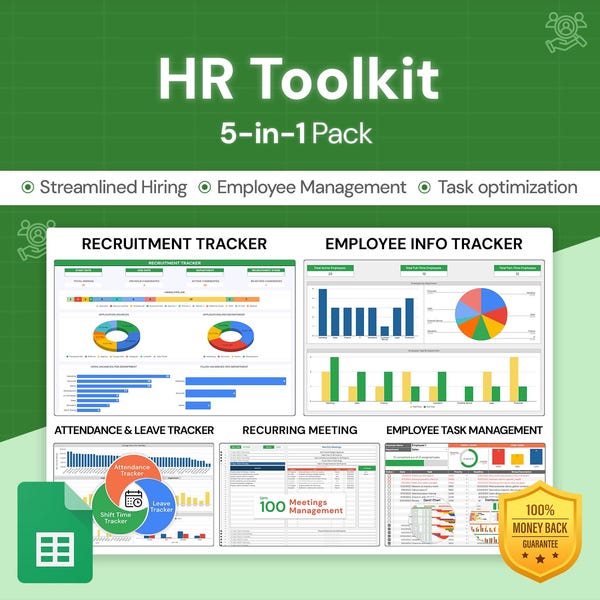 HR Toolkit 5in1 Pack: Recruitment, Attendance, Task & Meeting Management (Google Sheets Templates)