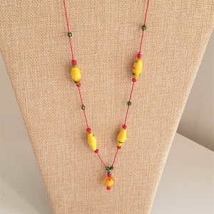 Necklace With Silk Cord- Yellow, Red and Green Paper Beads