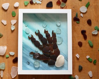 Handmade Sea Glass Painting - Sea Glass Reaching Hand