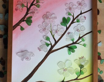 Handmade Sea Glass Painting - Cherry Blossoms